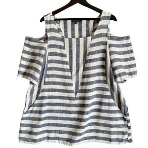 For Cynthia Linen Blend Striped Cold Shoulder Tunic Top
